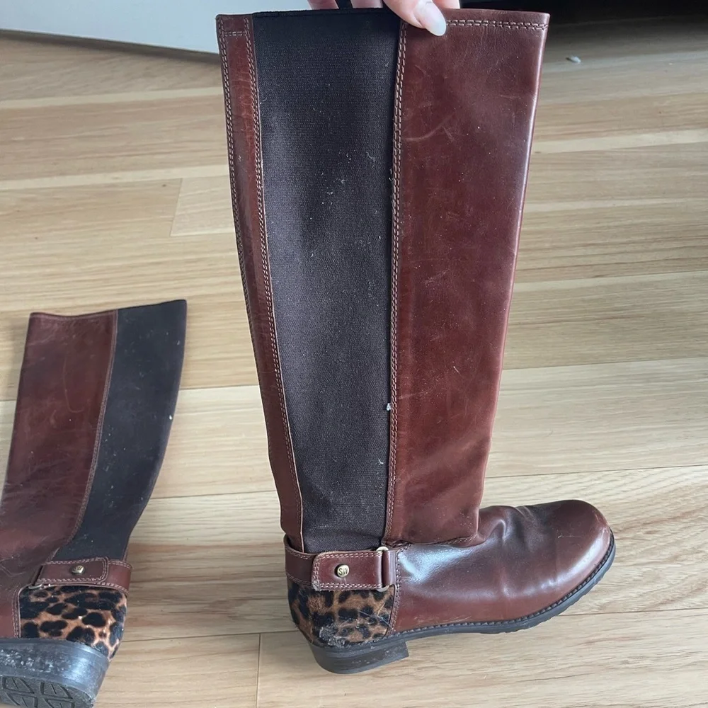 Stuart Weitzman Leather and Leopard Heal Knee High Boots Brown - Picture 4 of 9